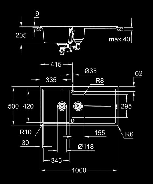 Grohe K400 Kuvars Komp. Eviye 60 -C 100/50, Granit Siyah-31642AP0