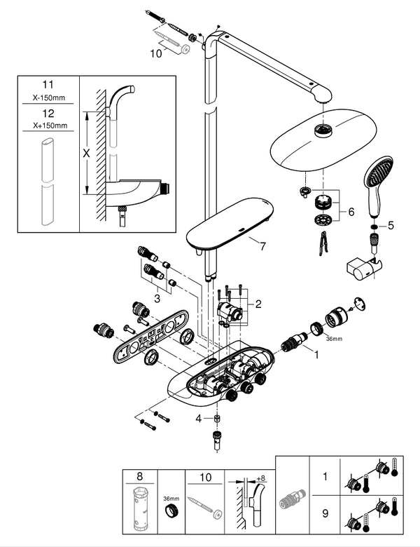 Grohe Rainshower  System  Smart Control  Duo 360 Duvara Monte Termostatik Bataryalı Duş Sistemi - 26250LS0