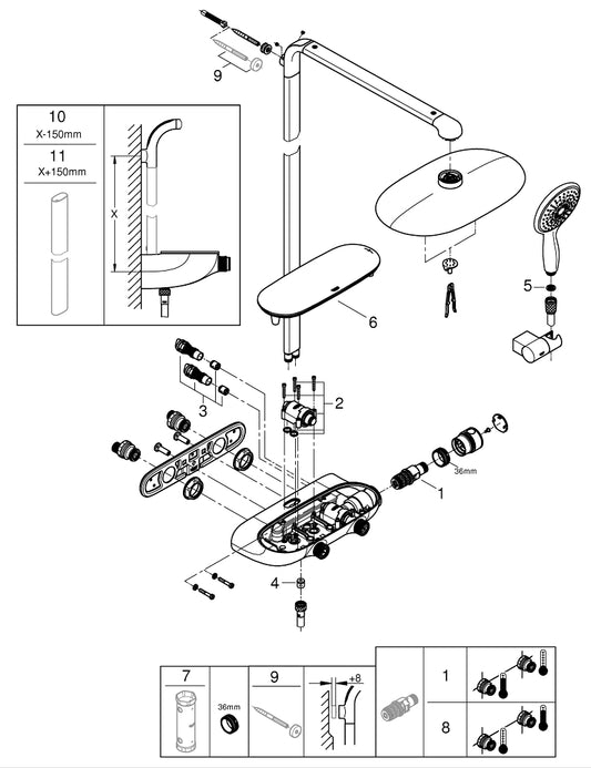 نظام دش جداري مع خلاط ترموستاتي Grohe Rainshower System Smart Control Mono 360 - 26361000