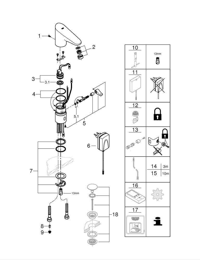 Grohe Europlus  E Fotoselli Lavabo Bataryası, 1/2″, Çift Su Girişli Ayarlanabilir Sıcaklık Sınırlayıcısı - 36015001