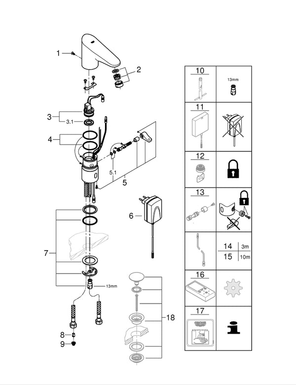 Grohe Europlus  E Fotoselli Lavabo Bataryası, 1/2″, Çift Su Girişli Ayarlanabilir Sıcaklık Sınırlayıcısı - 36015001