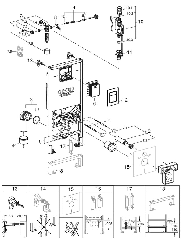 Grohe Rapid  S L X3'Ü 1 Arada  W C Gömme Rezervuar Seti, 1.13 M Montaj Yüksekliği - 39603000