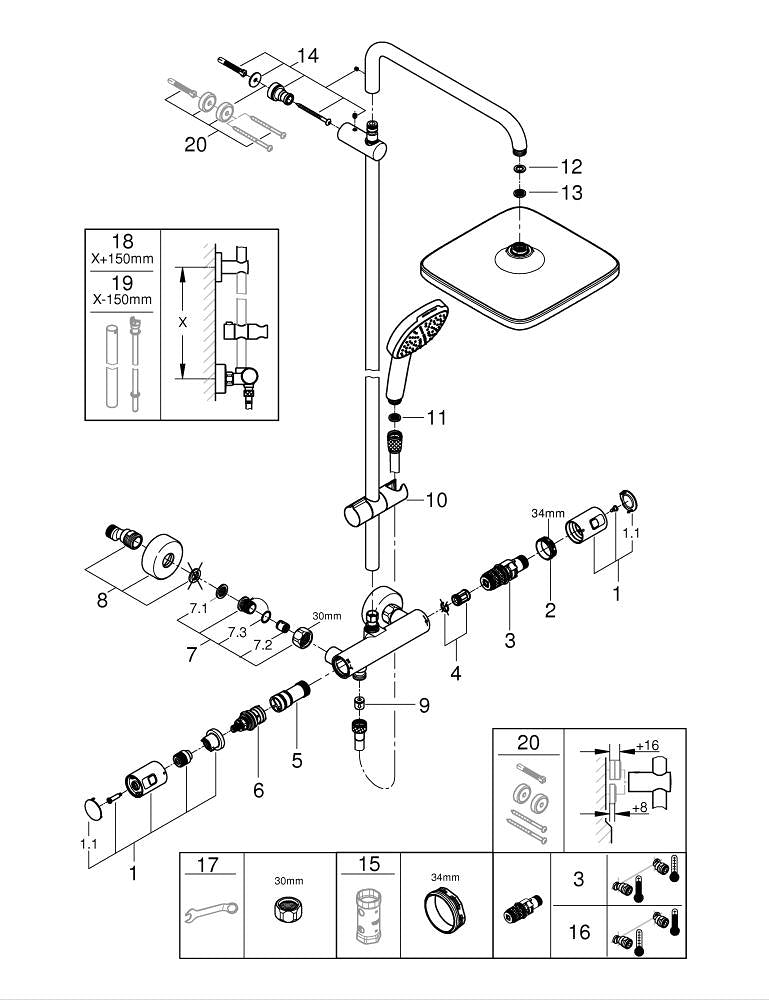 Grohe Vitalio  Comfort 250 Duvara Monte Termostatik Bataryalı Duş Sistemi - 26696001