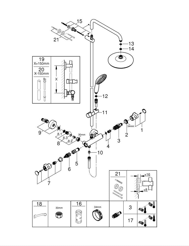 Grohe Tempesta  System 210 Duvara Monte Termostatik Bataryalı Duş Sistemi - 26811001