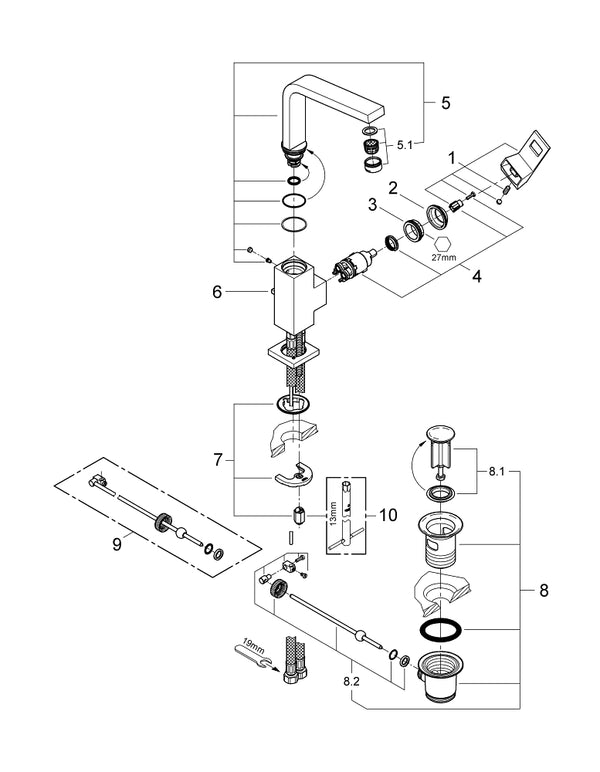 Grohe Eurocube Tek Kumandalı Lavabo Bataryası 1/2″  L- Boyut - 23135AL0
