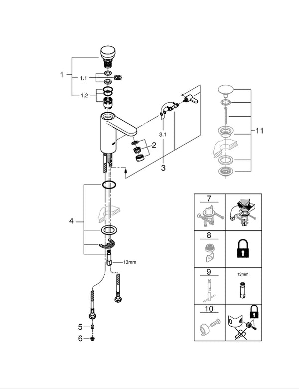 Grohe Eurosmart  Cosmopolitan  T Çift Su Girişli, Sıcaklık Sınırlayıcılı, Zaman Ayarlı Lavabo Bataryası - 36317000