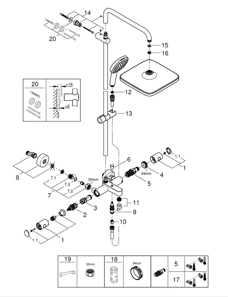 Grohe Tempesta  System 250  Cube Duvara Monte Termostatik Banyo Bataryalı Duş Sistemi - 26975001