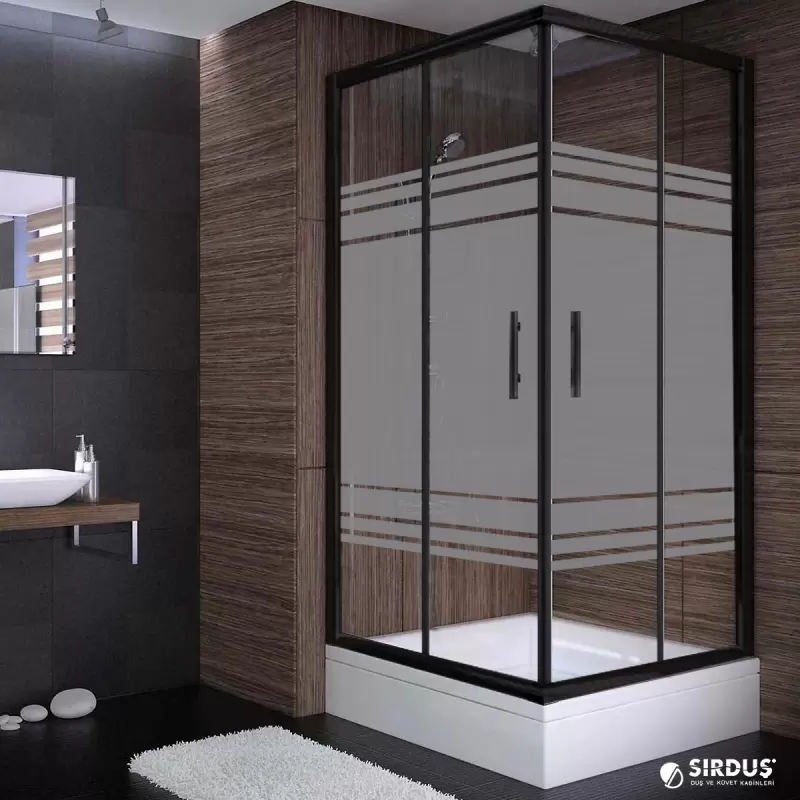 80x80x190 Kare Siyah Profil 06 Kumlu Cam Duş Kabini & 80x80x16 Panelli Duş Teknesi Set